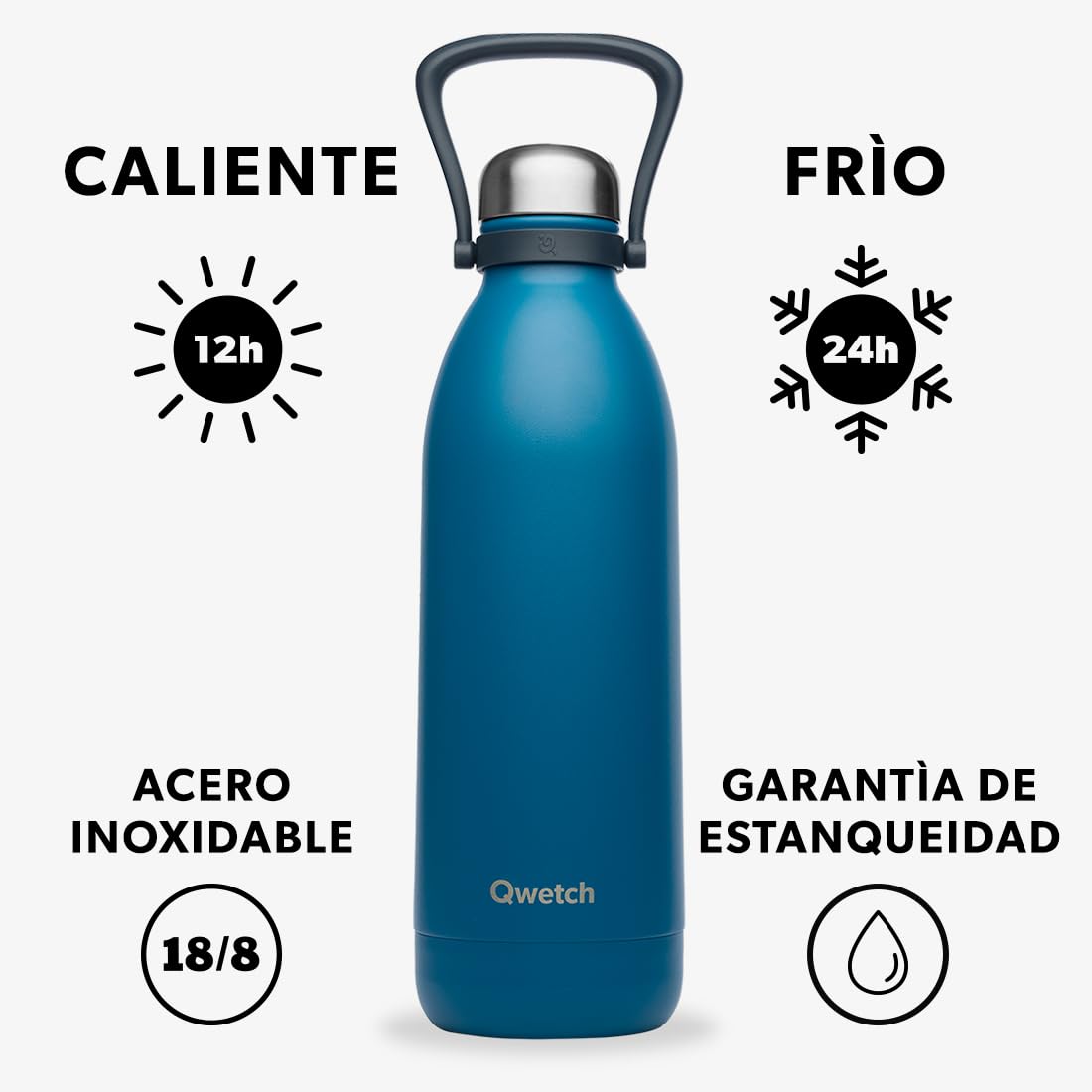Qwetch - Botella Térmica Grande Inox 1,5L Azul Pato Titan - 48h Frío y 16h Caliente - Hermética & Sin BPA - Cantimplora de Acero Inoxidable con Asa - Termo para Camping, Picnic, Familia