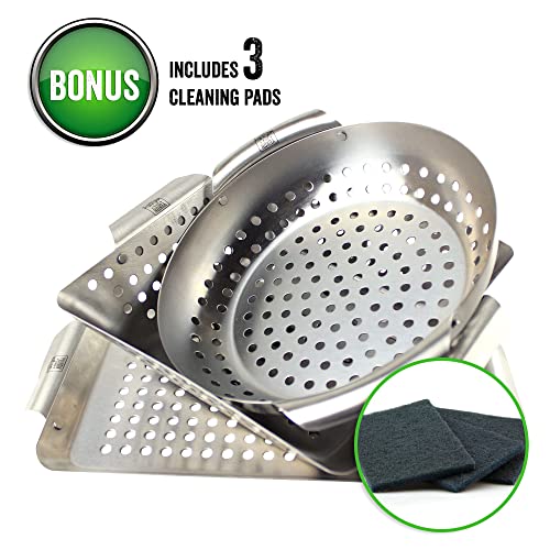 Yukon Glory 3-Piece Mini Grill Baskets For Outdoor Grill, Includes Bonus Scrubbing Pads, Grilling Accessories For All Grills & Smokers - Grilling Gifts For Men #TOP1