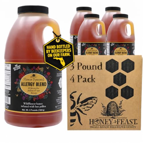HONEY FEAST Allergy Blend Honey 3 Pounds (Pack of 4), Raw &amp; Unfiltered – Premium Floridian with Enhanced Pollen Content