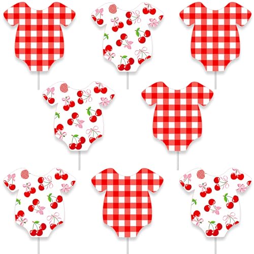 Cherry Baby Shower Cupcake Toppers Cherry Bodysuit Gingham Cake Decorations 24 Pieces She's the Little Cherry Cupcake Picks Cherries Theme Decor for Welcome Baby Onesie Birthday Party Supplies