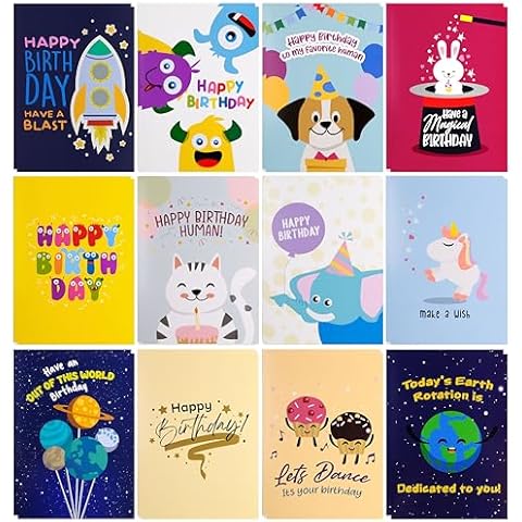 24 Large Kids Happy Birthday Cards 4 x 6 Inch – 24 Premium Children Birthday Cards For Him & Her with Illustrated Dogs, Cats, Space Rockets, Planets, and Cute Furry Characters Printed on Thick 250 GSM Cover