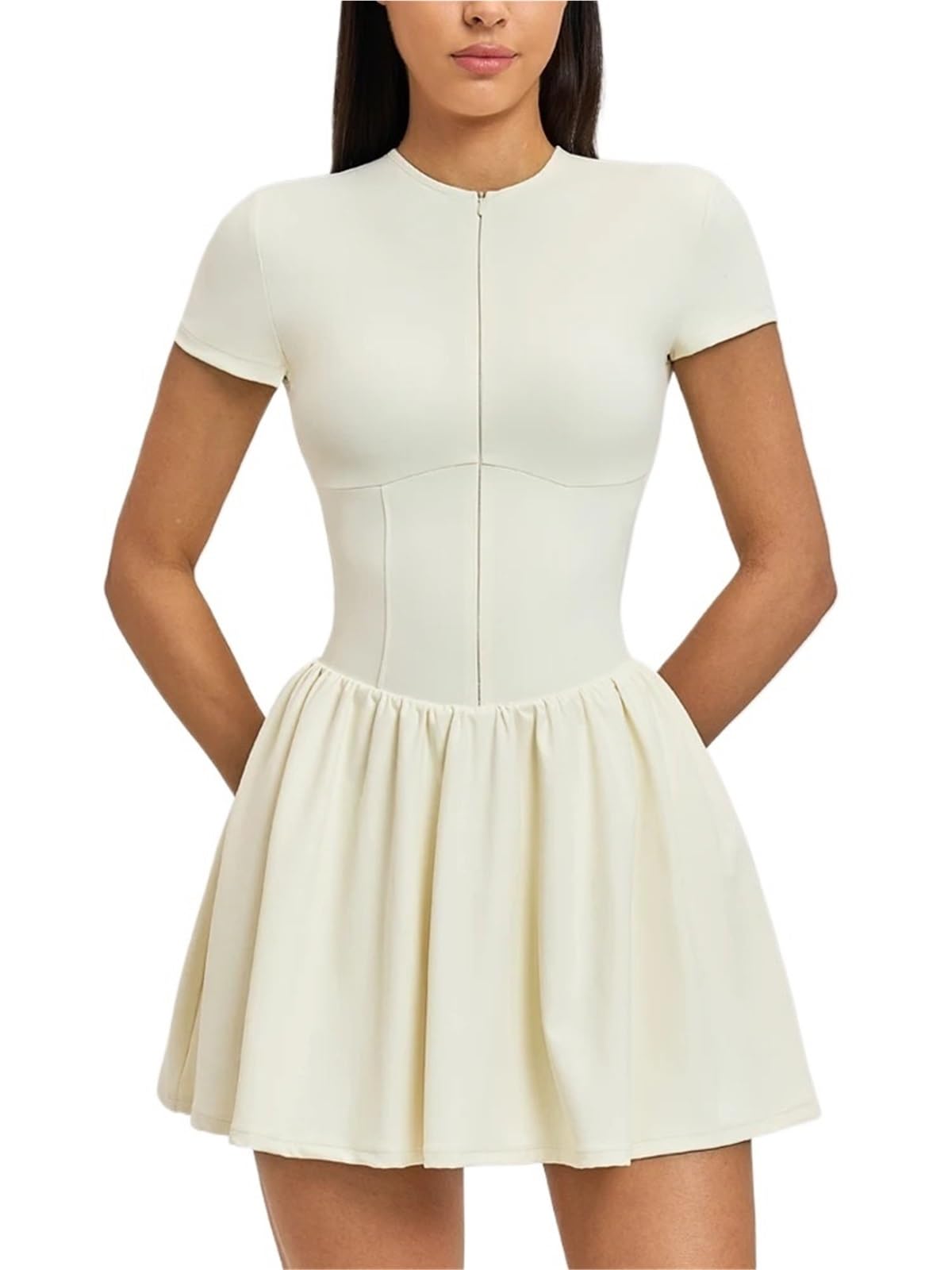 Abito da tennis donna con zip frontale, girocollo, abito sportivo golf mini senza maniche pieghe fluide e tasca for pantaloncini Per I Giochi Con La Palla
