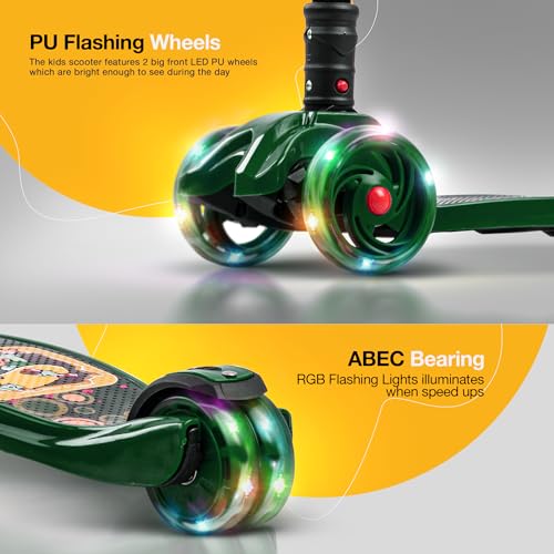 Image of Baybee Flash Kick Scooter for Kids | Smart Foldable 3 Wheel Kids Scooter with 4 Height Adjustable, LED PU Wheels & Brake | Skating Scooters Upto 75 Kg Capacity | Skate Scooters for Kid (Dark Green)