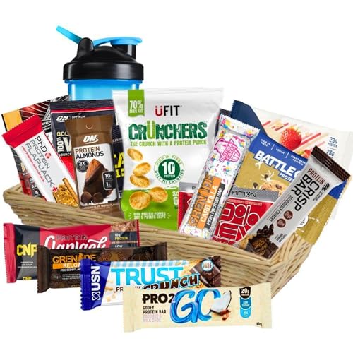 GuiltFree Luxury High Protein Fitness Gift Hamper - 18 Premium Snack Selection with Protein Bars, Flapjacks, Cookies, Brownies, Shaker Bottle and More | Perfect for Health Enthusiasts