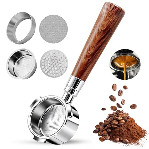 51mm Bodenloser Siebträger 3-Ohren Edelstahl Bodenloser Portafilter für DeLonghi EC680/EC685/EC885 Inklusive Puck Screen Espresso-Dosier-Trichter Doppelschuss-Filterkorb mit Holzgriff