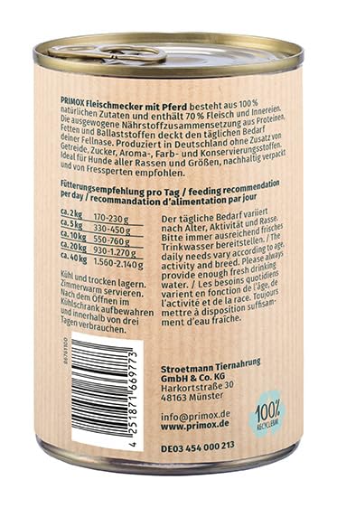 PRIMOX® Fleischmecker Hunde-Nassfutter | Getreidefrei | 70% Fleisch & Innereien | Made in Germany & 100% Natürlich | Omega-3 für Haut & Fell | Gluten- & Laktosefrei (Pferd, 6x400 g)