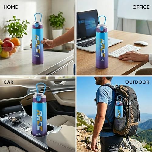 Image of CELLO Puro Steel-X Race Insulated Water Bottle for Daily Use 900 ml Blue Pink | Stylish Colorful Easy Press Open Leak Proof Inner Steel Water Bottle for School, College, Travel, Biking & Office