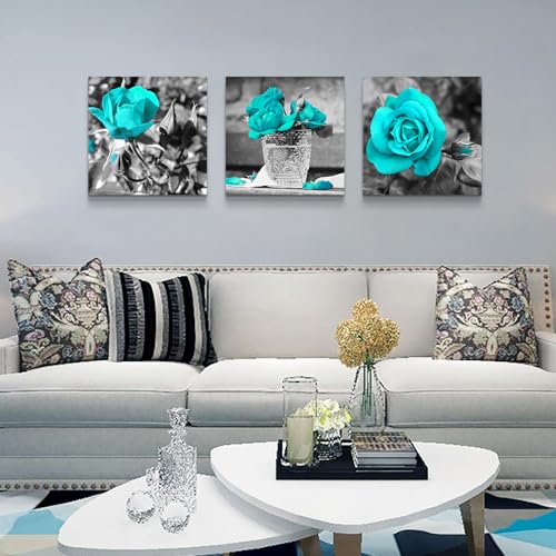DZRWUBHS Large Wall Art For Living Room 3 Piece Wall Decor For Bedroom Black And White Paintings Flowers Pictures Blue Rose Boho Office Wall Art Prints Ready To Hang Room For Girls Home Decoration