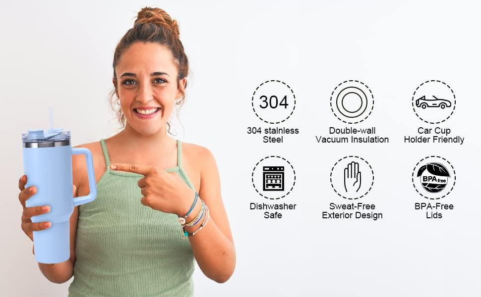 Miniatura 3 de Vaso de viaje aislado de 40 onzas  40.6 fl oz con asa y tapa con popote, botella de agua de acero inoxidable reutilizable, taza de viaje, taza de