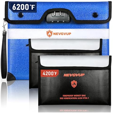 6200°F Fireproof Bag with Lock, Upgraded Fireproof Money Bag for A5 Documents w. Zipper/Reflective Strip, 9 Layers of Heat Insulated Materials, PLUS 4200F Fire Proof Money Bag for Cash, Valuables Cover