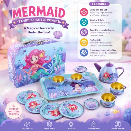 Image of VikriDA Cute Mermaid Kids Tea Set, 15Pcs Tea Party Set for Toddlers Afternoon Tea Time Playset with Teapots Tea Cups Play Dishes Princess Toys Gifts with Carry Case