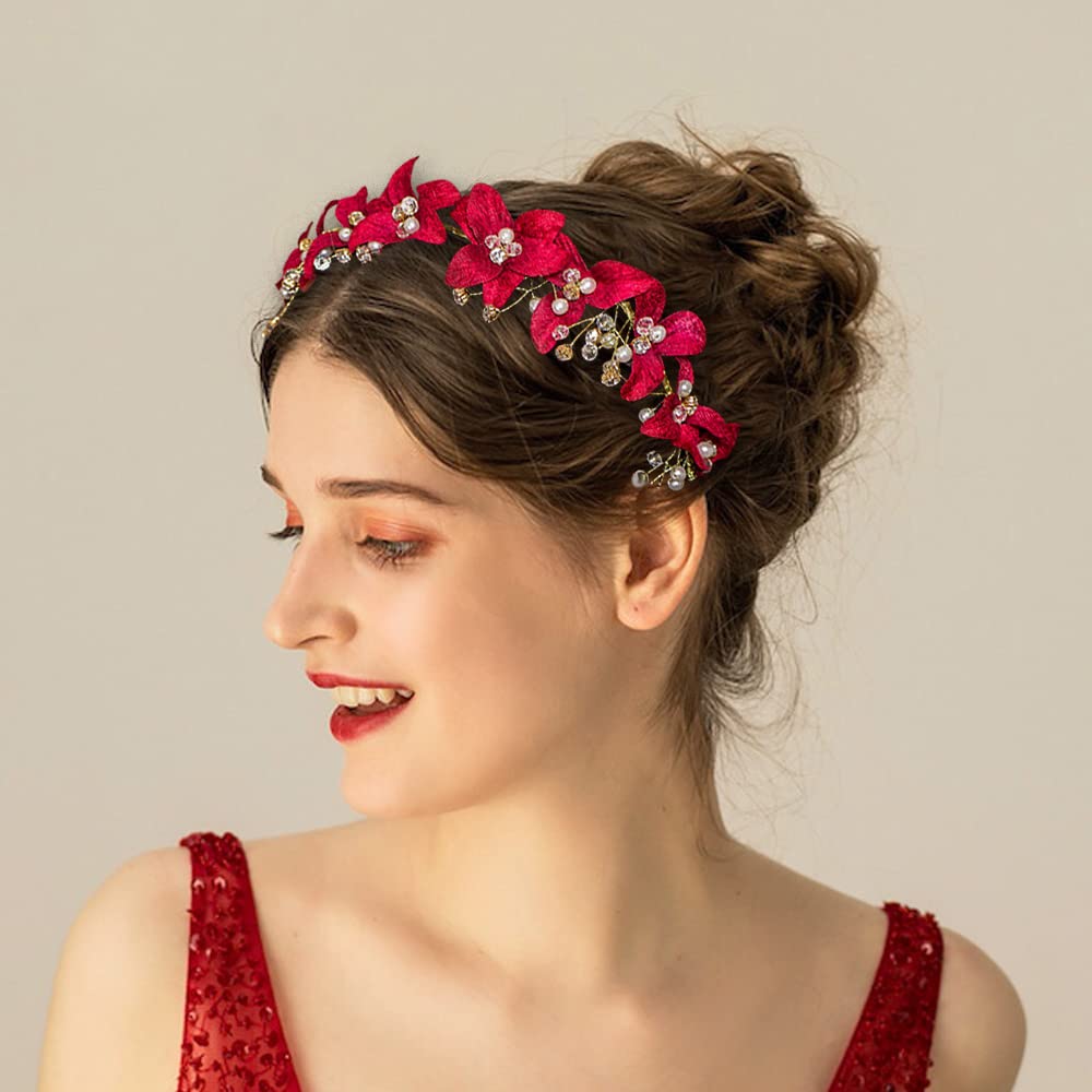 Teyglen Pettine per capelli da sposa con strass rossi, accessorio per capelli da sposa, accessorio per capelli per donne e ragazze (rosso