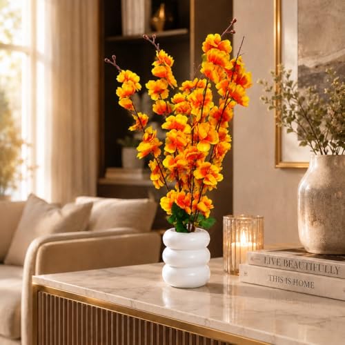 Image of Artificial Yellow Cherry Blossom Flower Plant with White Ceramic Pot | Realistic Faux Floral Arrangement for Home Decor, Living Room, Bedroom, Office Desk