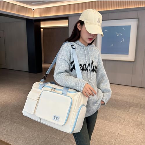 Foldable Travel Carry On Duffel Bags for Women Weekender Overnight Bag with Shoes Compartment Waterproof Gym Bag (White and light blue), CM2405242