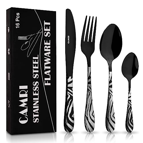 CAMRI Cutlery Set – 16 Piece Flatware Set Stainless Steel, Silverware Tableware Set, Knife Fork Spoon Set for 4 People, Dishwasher Safe/Easy to Clean (Zebra Black Pattern)