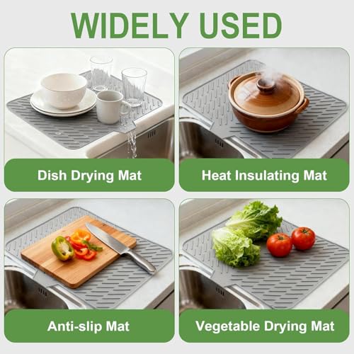 Image of SONANI Silicone Dish Drying Mat for Kitchen, Large 23 x 17 Inch Dish Drainer Mat with Drain Lip, Waterproof Heat Resistant Non-Slip Silicone Mat for Sink & Counter, Utensil Dish Drying Mat (Grey)