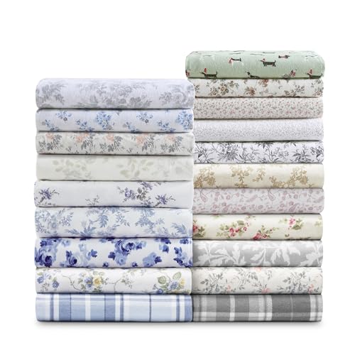 Image of Laura Ashley - Flannel Sheets Queen Size, Anti-Pilling & Wrinkle Resistant Cotton, Touchably Soft for All-Season Comfort - Bed Sheets with Matching Pillowcases & Fitted Sheet (Vanessa Grey)