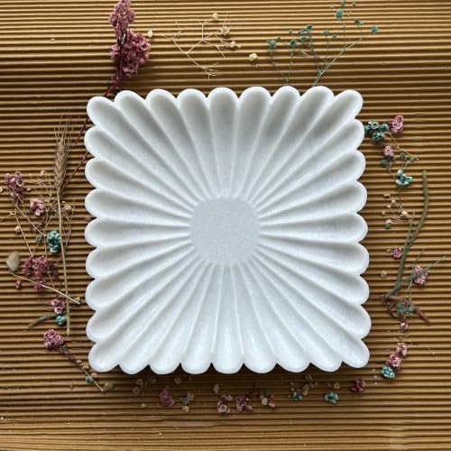 Image of Marble Urli Bowl for Decoration | Big Potpourri Decorative Bowls in Home decor | Large White Floating Flower Plates of Stone | Small Shape puja Item | (12 inch, Scalloped)