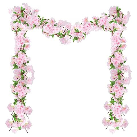 Artificial Cherry Blossom, Pack of 5 Artificial Flowers, Cherry Blossom Garland, Pink Cherry Blossoms with Green Leaves for Indoor and Outdoor Garden Wedding Party Decoration Cover