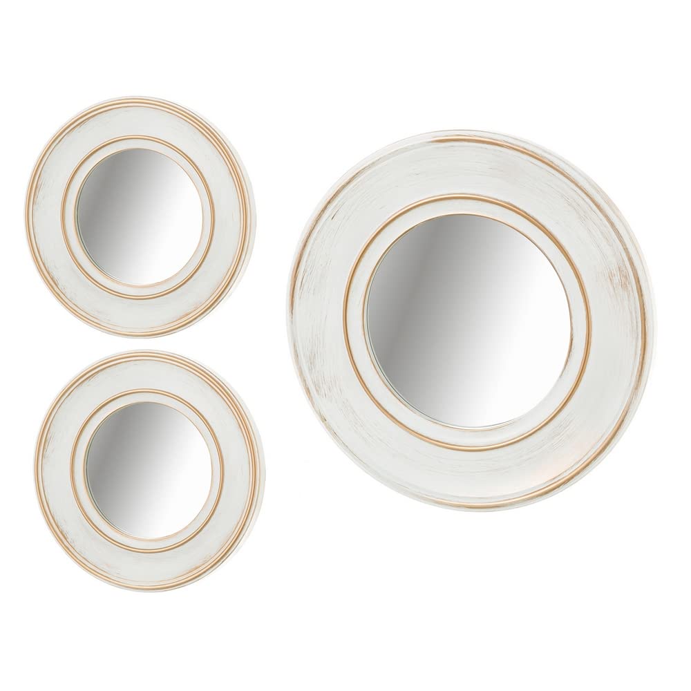 LOLAhome Set de 3 Espejos envejecidos de Pared Redondos con moldura de plástico Blancos y Dorados| Decoracion Pared, Decoración Espejo Redondo para casa, Dormitorio, salón