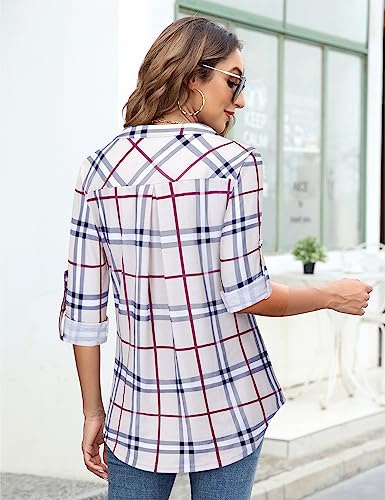 Image of Bulotus 3 /4 Length Sleeve Womens Striped Tops Zipper V Neck Collared Blouses Business Casual Tunics 2026 Spring Trendy
