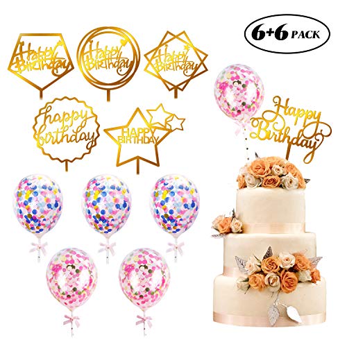 kortes 12 Pack Gold Birthday Cake Topper Set, 6 Pattens Acrylic Cake Topper