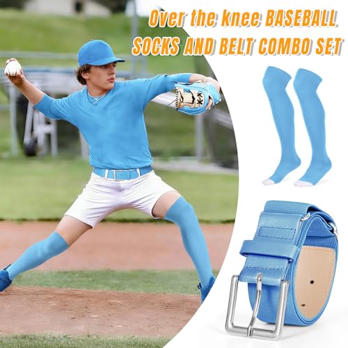 Image of XZQTIVE Baseball Socks and Belt Combo,Over the Knee Softball Socks and Belt,Knee High Football Socks for Kids Youth Adults