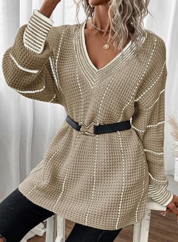 Image of Dokotoo Womens Oversized Striped Tunic Sweaters Casual V Neck Long Sleeve Color Block Knit Pullover Jumper Tops