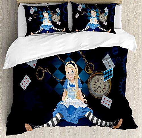 Ambesonne Alice in Wonderland Duvet Cover Set, Grown Giant Girl Sitting Flying Cards and Rose Checkered Cartoon, Decorative 3 Piece Bedding Set with 2 Pillow Shams, King Size, Dark Blue Sepia