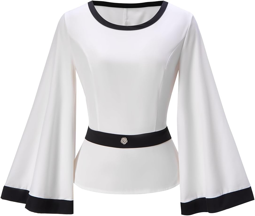 Women's Bell Long Sleeve Peplum Tops Fall Dressy Casual Crew Neck Evening Blouses Work Office Shirts
