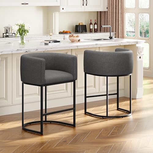 Image of 26 inch H Counter Height Bar Stools Set of 3, Modern Barrel Counter Stools with Backrest and Arms, Linen Fabric Upholstered Accent Barstools for Kitchen Island,Support 450 LBS (Carbon Black)