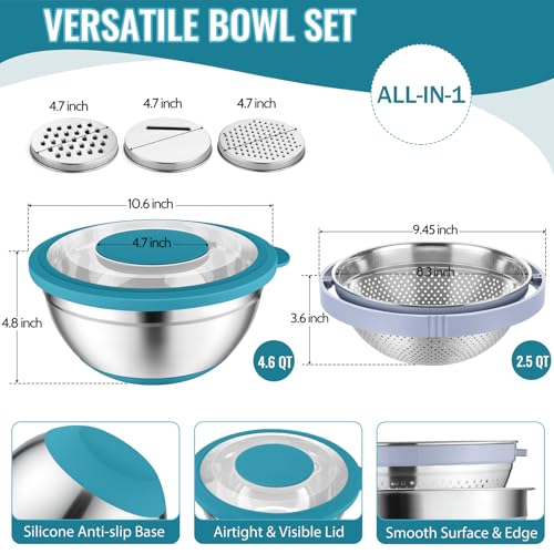 P&P CHEF 4-In-1 Stainless Steel Colander with Bowl Set, Rotatable Strainers for Kitchen, Fruit Cleaner, Washing Fruit & Draining Pasta, Mixing Bowl and Lid with Grater for Salad, Blue by P&P CHEF - Image 2