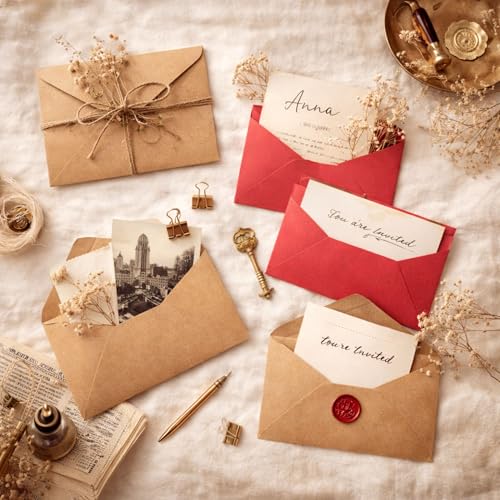 Image of Celebrations Vintage Brown & Red Kraft Paper Envelope Combo Set, Antique Style Retro Envelopes for Wedding Invitations, Greeting Cards, Valentine's Day, Letters & Journaling Pack Of 10