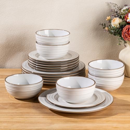 Image of GBHOME Ceramic Dinnerware Sets,18 pcs Embossed Elegant Stoneware Plates and Bowls Sets, Housewarming Wedding Gift | Dishwasher & Microwave Safe | Dishes Set Service for 6