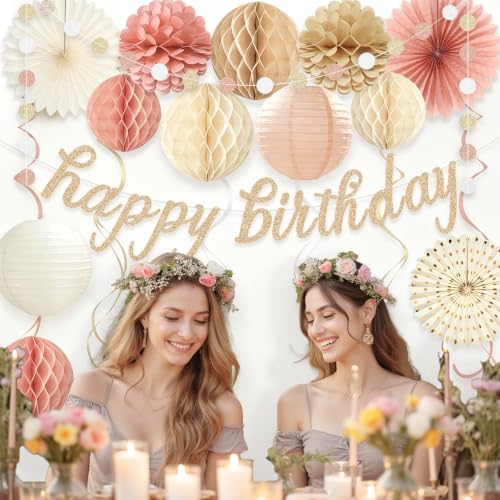 Image of Boho Pink Happy Birthday Decorations for Women Girls, Pre-Strung, 24pcs | Happy Birthday Banner, Honeycomb Ball, Paper Flowers, Lanterns, Fans, Streamers, Dots Garland for Birthday Party Decorations