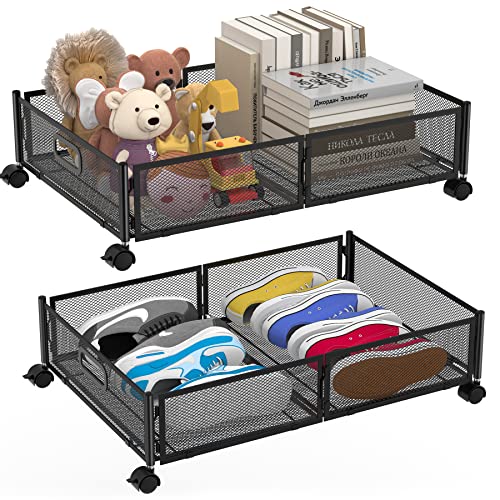 Under Bed Storage Containers,Under the Bed Storage with Wheels, Rolling Drawers Shoe Organizer,Tool-free Assembly Metal Underbed Storage Containers for Bedroom Clothes,Blankets,Shoes,Bedding,2 Pack