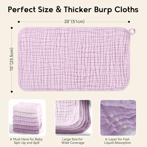 Image of Unnivoll Muslin Burp Cloths for Baby 100% Cotton Burping Cloths for Boys Girls Large 20''X10'' Extra Soft and Absorbent 12 Pack - Gradient Purple