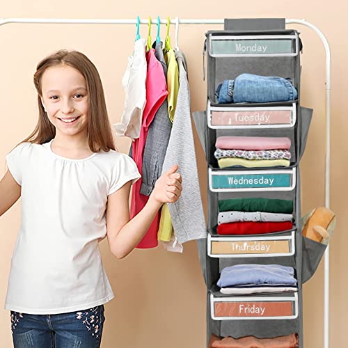 Hibobi 6-Shelf Weekly Hanging Closet Organizer, 47.2×12.2×12.2 Inch Collapsible Weekday Kids Closet Storage Organizer Daily Kids Clothes Organizer Hanging Closet Shelves With 4 Side Pockets, Grey #TOP2