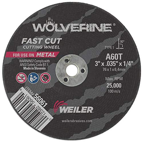 Image of Weiler 56061 3-Inch Cutting Wheel, Wolverine AO Steel /Metal Fast Cut, Value Cutting, 0.035 inch A60T Type 1 1 /4 inch Arbor (Pack of 100)