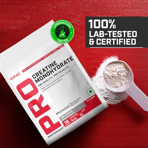 Image of GNC Pro Performance Pure Micronized Creatine Monohydrate | 50 gm | Cranberry | Instantized | Fuels Muscles | Increase Muscle Mass | Rapid Absorption | Lab Tested | Unflavoured | Boosts Athletic Performance | Imported