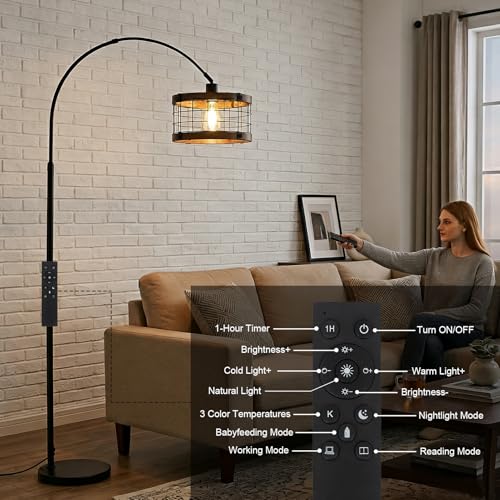 Image of Arc Floor Lamps for Living Room with Remote and Dimmable LED Bulb, Vintage Wood Floor Lamp for Bedroom, Farmhouse Standing Lamp for Corner, Industrial Black Tall Lamp, Over Couch Arched Reading Light