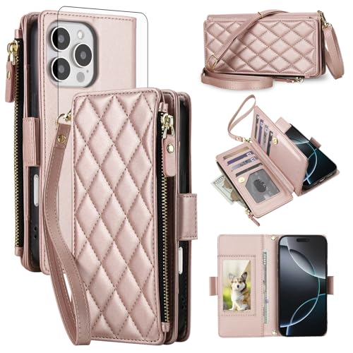 iPhone 16 Pro 6.3�C���`�p�g�ѓd�b�J�o�[ �E�H���b�g�P�[�X RFID�u���b�L���O�W�b�p�[ �����K���X�X�N���[���v���e�N�^�[ �N���X�{�f�B �X�g���b�v�t�� PU���U�[�J�[�h�z���_�[ i Phone16 i16 16Pro ���f�B�[�X �����Y 