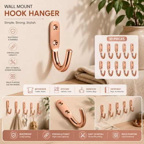 Image of iiSTAR Stainless Steel Unbreakable J Type Hook Bathroom Hooks Cloth Hanger Wall Hook Door Robe Hooks for Hanging Keys,Clothes (Rose Gold-Pack of 20)