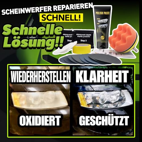 XPERTCHEMY Scheinwerfer Aufbereitung Set, Scheinwerfer Polierset Kit Entfernung Schwerer Gelbwärbung, Trübung und Flecken, Die Helligkeit der Scheinwerfer wiederherstellen, Headlight Restoration Kit