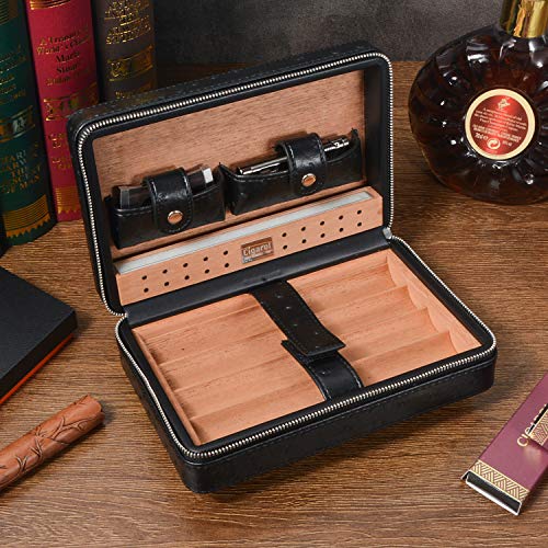 Volenx Portable Travel Leather Cigar Case, Cigar Humidor with Cigar Cutter and Lighter for 4 Cigars