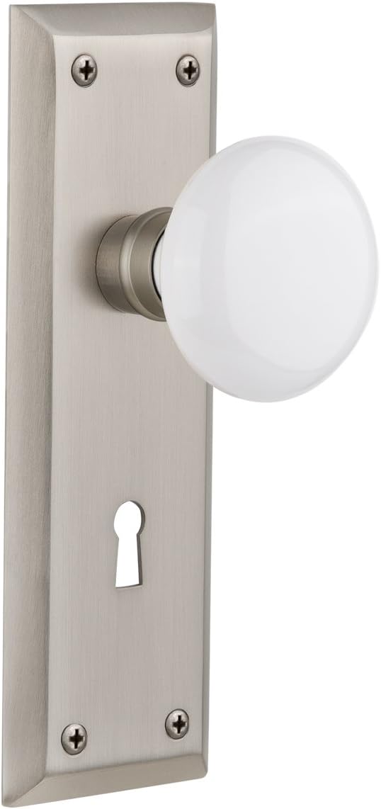 Nostalgic Warehouse New York Plate with Keyhole White Porcelain Knob, Privacy - 2.375", Unlacquered Brass