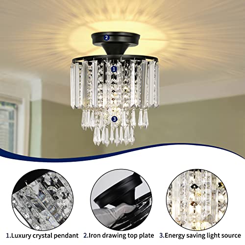 Frideko Home Crystal Chandeliers - Modern Semi Flush Mount Ceiling Light Small Black Chandelier Ceiling Light Fixture Chandeliers For Dining Room Living Room Bathroom Bedroom Hallway #TOP4
