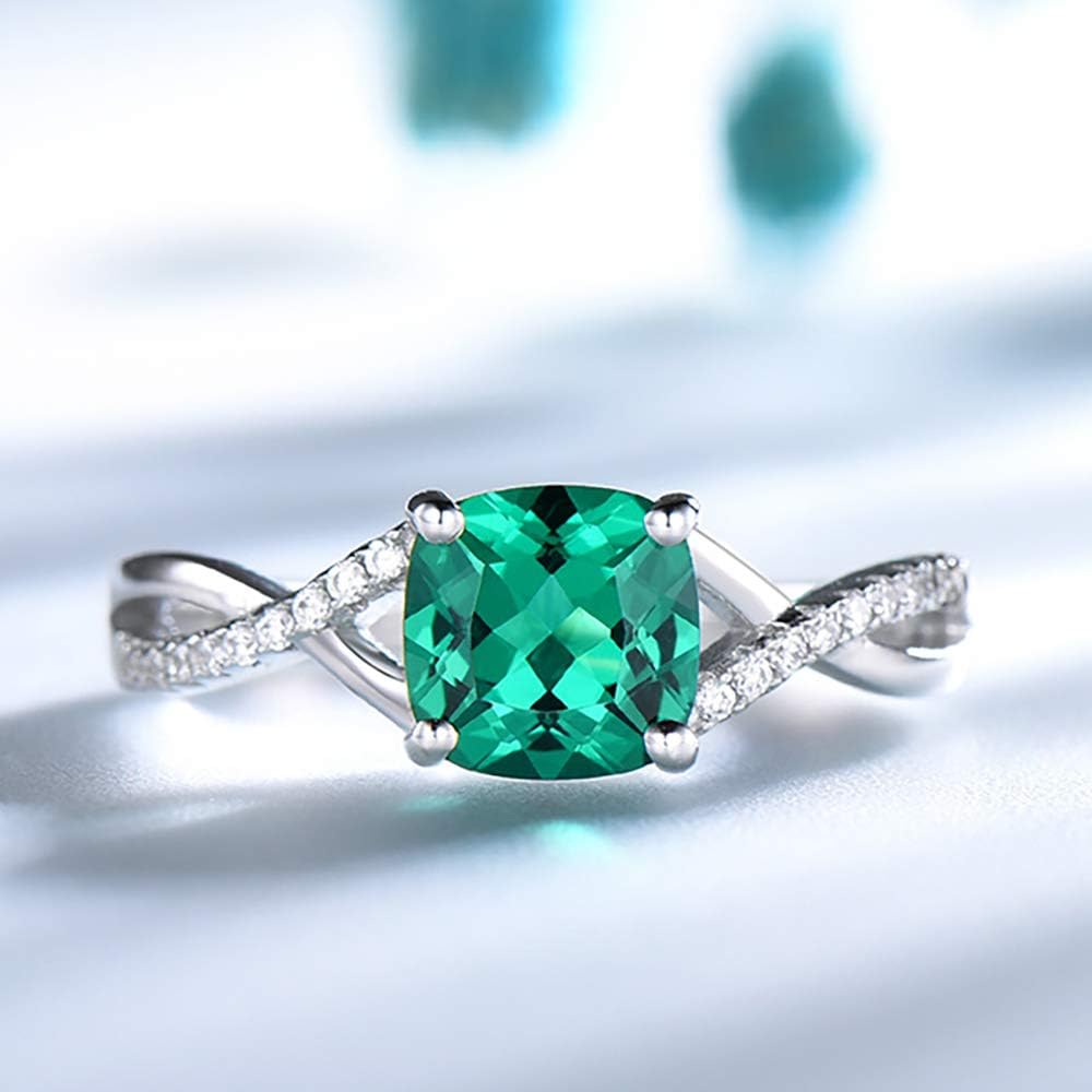 Simulated Emerald Engagement Ring for Women by Ginger Lyne | 7mm Cushion Cut Faux Emerald Gemstone 925 Sterling Silver Rhodium Plated Statement Ring for Her