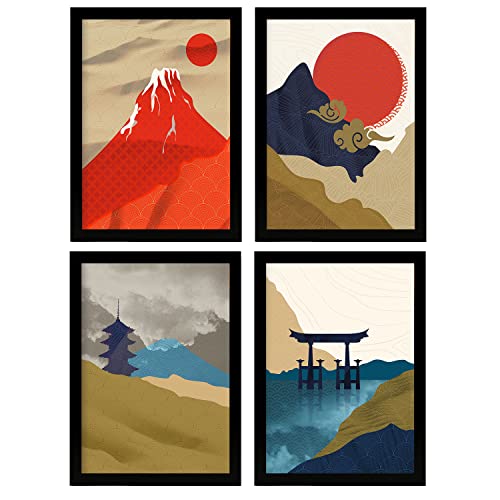 Nacnic Ensemble de 4 Affiches Japonaises Temples. Estampes et Illustrations à l'esthétique Orientale. Conception et décoration d'intérieur. A4 sans Cadre.