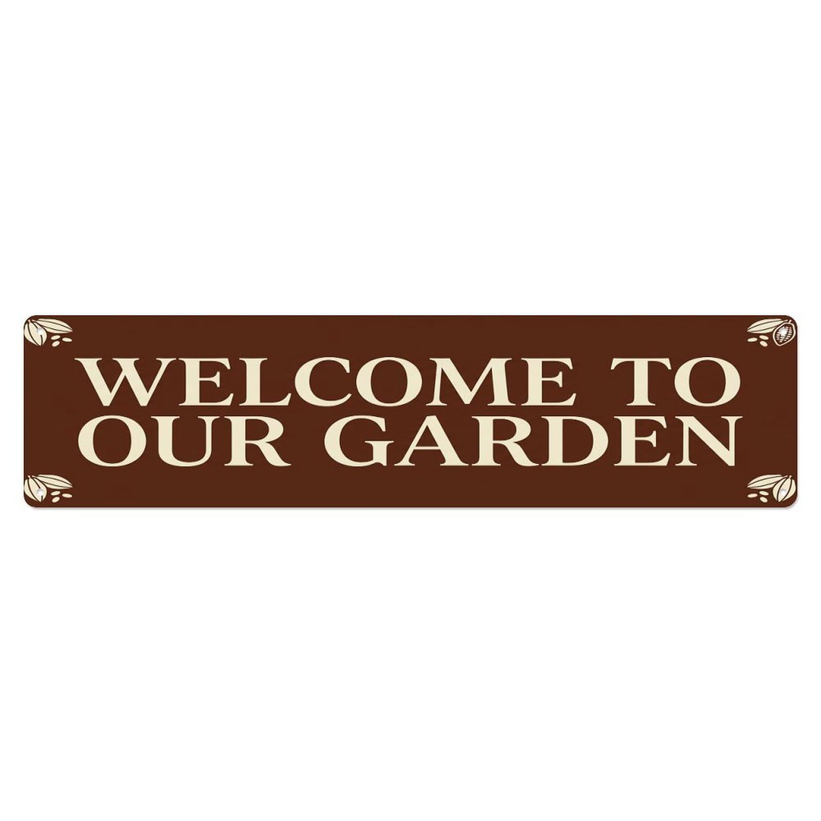 Vintage Welcome to Our Garden Chocolate Brown Metal Tin Sign